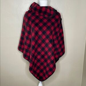 Le Moda Red & Black Buffalo Check Fleece Side Button Wrap Popover Poncho NWT OS